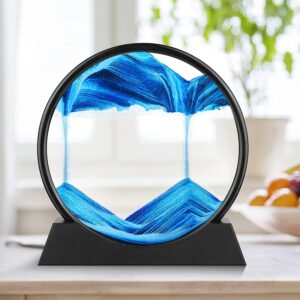 Moving Sand Art - 3D Dynamic Liquid Motion Picture | Round Glass Deep Sea Sandscape | Relaxing Home Office Decor, 7 inch, Blue
