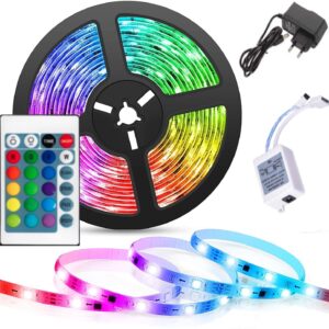 5 Meter 5050 LED Strip Lights, 300 Led RGB Strip Light with Adaptor, Operated with 16 Modes Remote Controller Multicolor LED Lights for Home Decoration, Diwali, Ceiling, TV