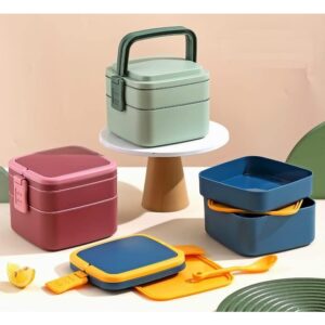 Double-Layer Airtight Square Lunch Box with Handle, Pack of 2