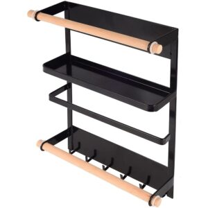 Magnetic Fridge Organizer Spice Rack with Paper Towel Holder and 6 Hooks, Kitchen Shelf for Refrigerator