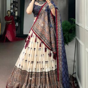 Traditional Ajrak print Off White Lehenga Choli For Wedding