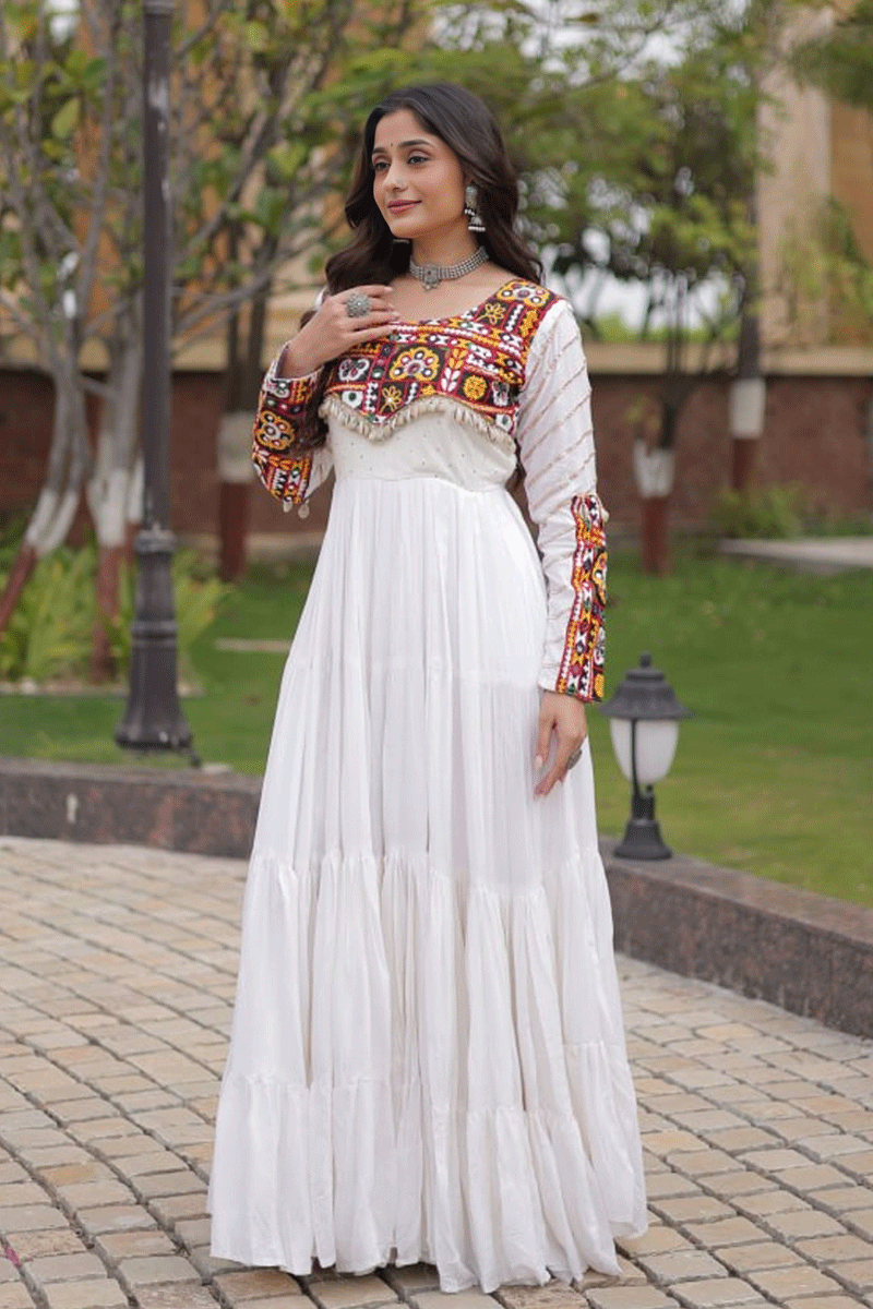 Navratri Special White Color Long Gown For Women