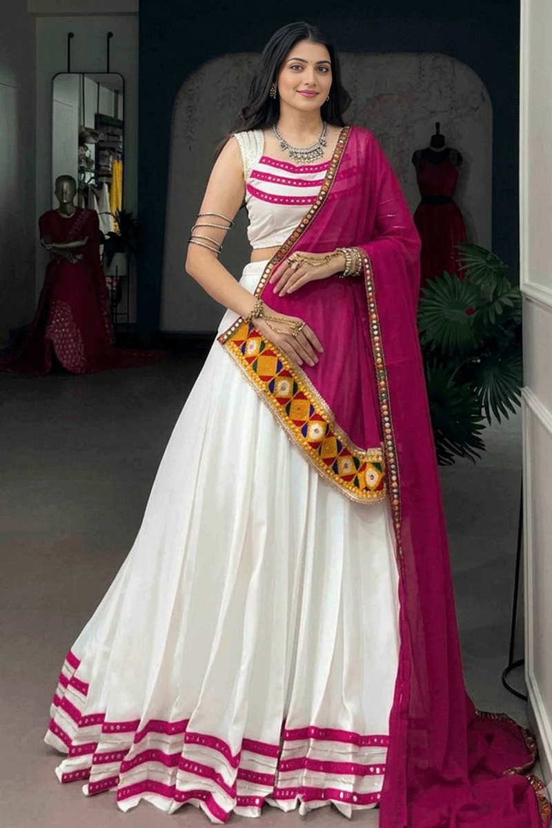 Fully Stitched Navratri Special White Color Lehenga Choli For Women