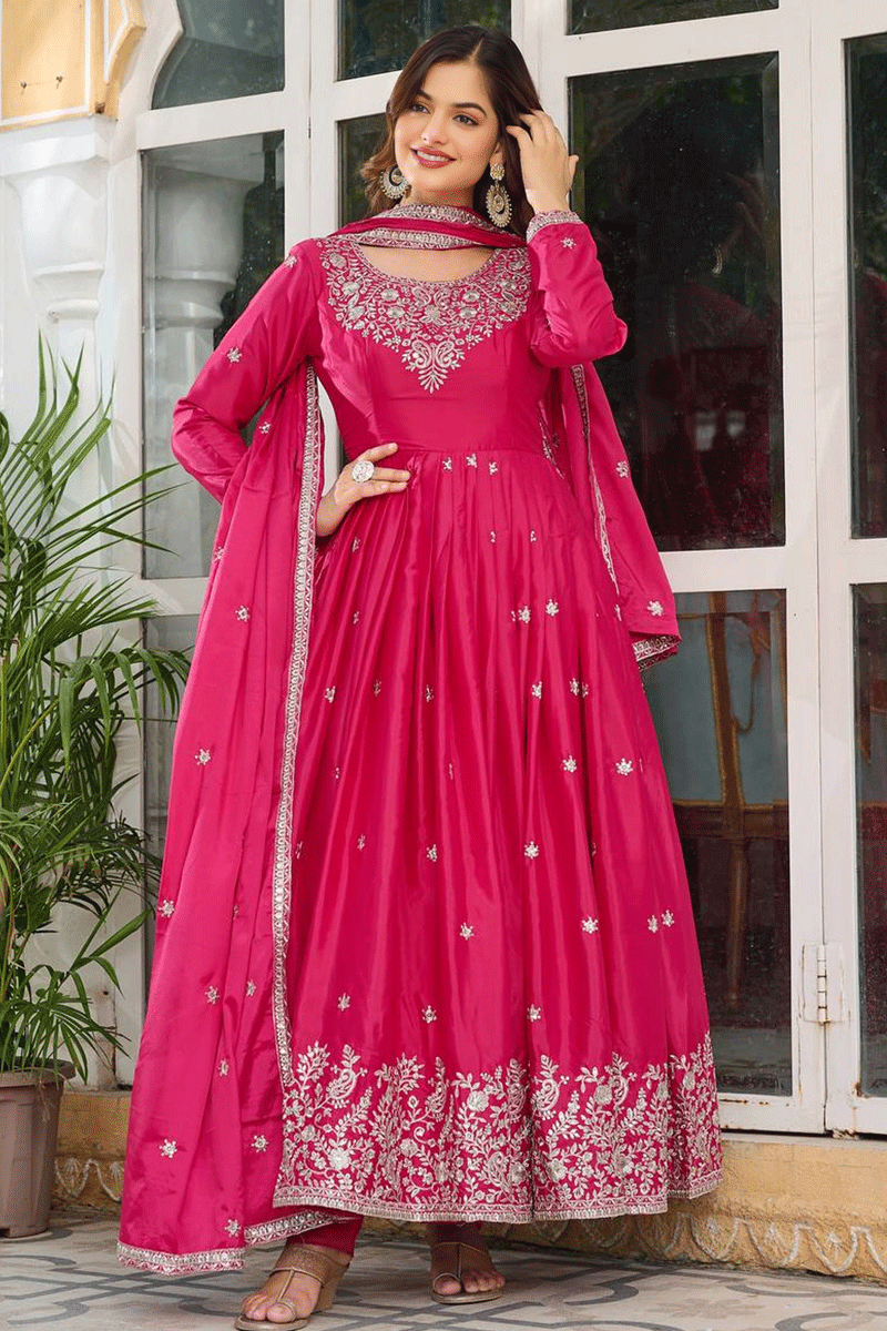 Designer Silk Long Anarkali Suit For Diwali